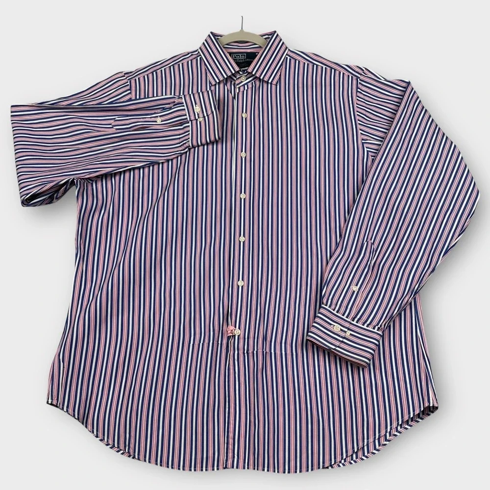 Polo Ralph Lauren Shirt Mens XL 17.5 Blue Pink White Striped Regent Classic VTG‎